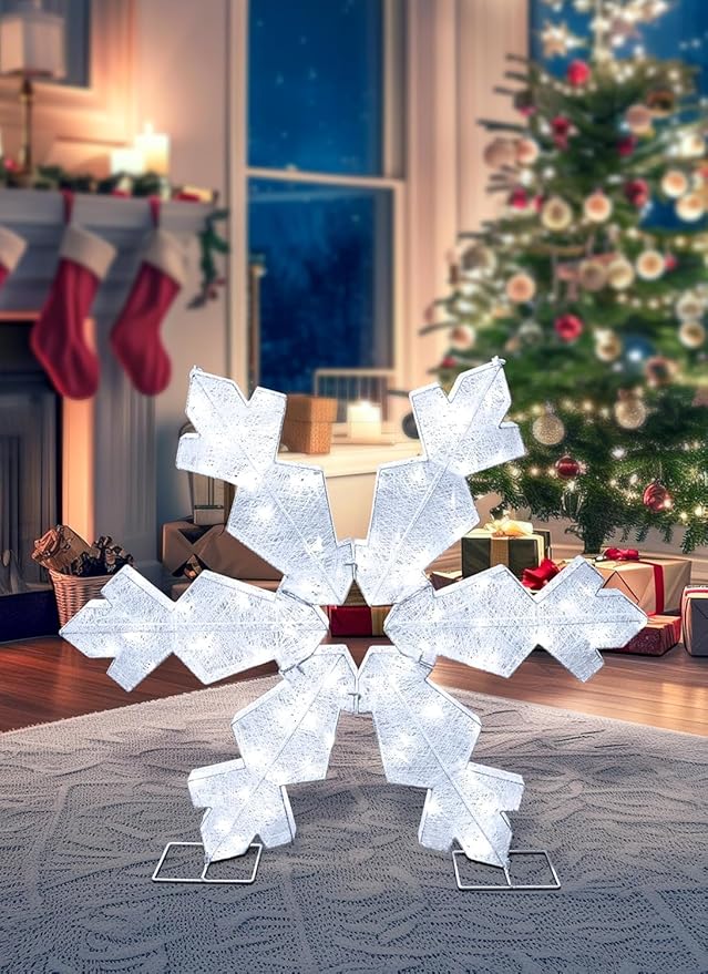 Brightown Christmas Snowflake Outdoor Decorations, Large 41.5in 3D Snowflake Christmas Decor with 100LED Lights, Pre-lit Xmas Outdoor Decor for Front Door Indoor Outside Yard Lighted Holiday Display