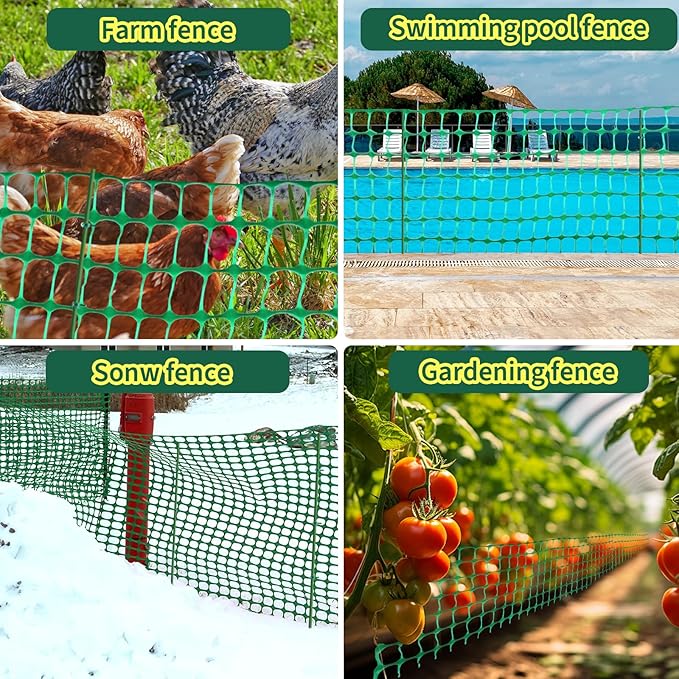 Heavy-Duty 4x100FT Plastic Garden Fence with Steel Posts - UV-Resistant Snow & Pool Barrier for Deer/Dogs/Rabbits/Poultry, Construction-Grade Temporary Fencing for Patio, Backyard & Chicken Coop