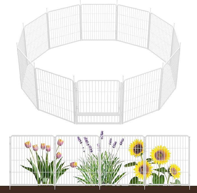 SunsGrove Garden Fence with Gate, 32 in(H) x 26.8 ft(L) 12 Panels Heavy Duty Metal Animal Barrier Fence for Yard, Suitable for Indoor or Outdoor Dog Pet Fence, Garden Fence Border, White