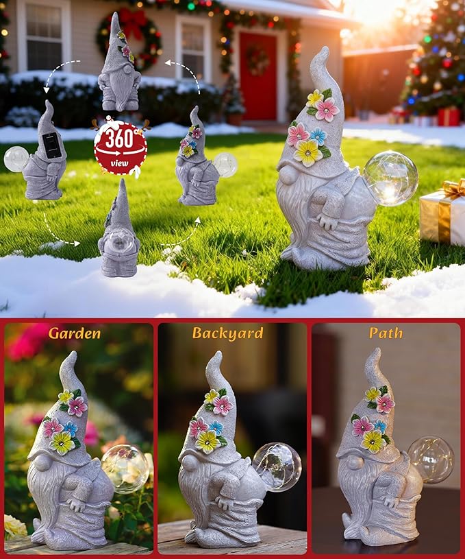 Funny Garden Gnome Statue: Outdoor Figurine Lights for Home Yard Lawn Porch Balcony Patio - Gardening Chrismtas Gifts for Women Mom Grandma