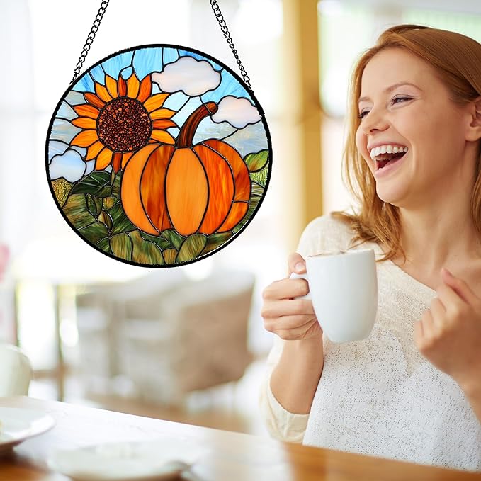 Stained Glass Window Hanging Fall Farm Scenery Sunflower Pumpkin Large 15" - Suncatcher Door Garden Kitchen Sunroom Sun Catcher Home Decor Birthday for Mom Grandma Men Woman