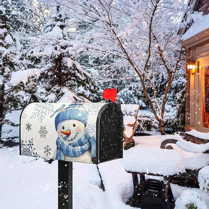 Winter Snowman Mailbox Cover Blue Bird Mailbox Covers Magnetic Snowflake Post Letter Box Cover Standard Size 21x18 inch for Garden Outdoor Yard Decor White
