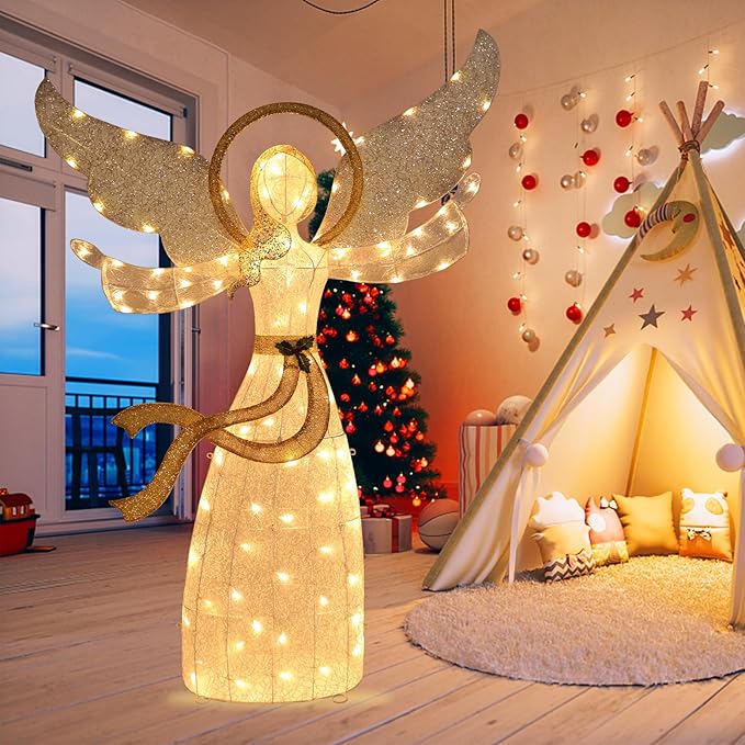 Taman Lighted Christmas Angel, 5.6ft Warm Lights Glittered Angel for Outdoor Christmas Holiday Home Lawn Yard Garden Decoration