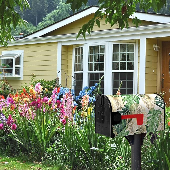Summer Mailbox Cover Tropical Palm Leaf Magnetic Mailbox Wrap Jungle Leaves Waterproof Mail Box Post Letter Box Cover Standard Size 21x18 in Garden Yard Outdoor Decoration