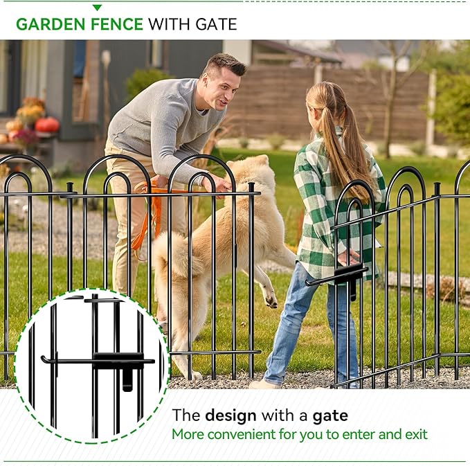 10 Panels Garden Tube Fence with Gate, 36in(H)×21.6ft(L) Tall No Dig Fence Animal Barrier, Heavy Duty Metal Decorative Garden Edging Border, Ground Defense Temporary Fencing for Outdoor Yard, Black