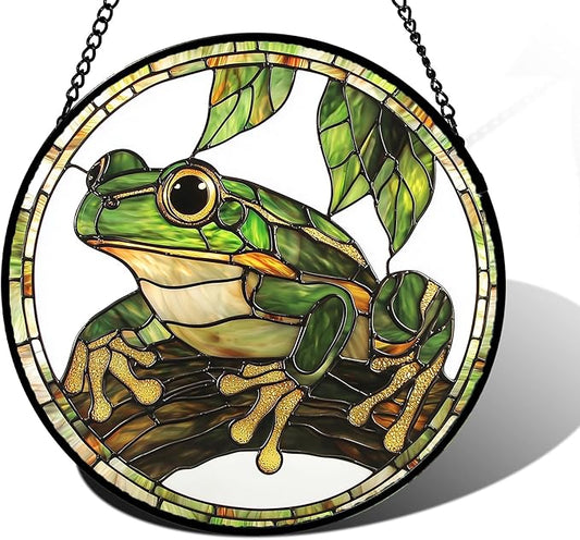 Stained Glass Window Hanging, Frog Green Leaf Sun Catchers Colorful Glass Panel Cool Suncatcher Decor for Birthday for Women, Men, Wife, Aunt, and Mom 11.8x11.8 in