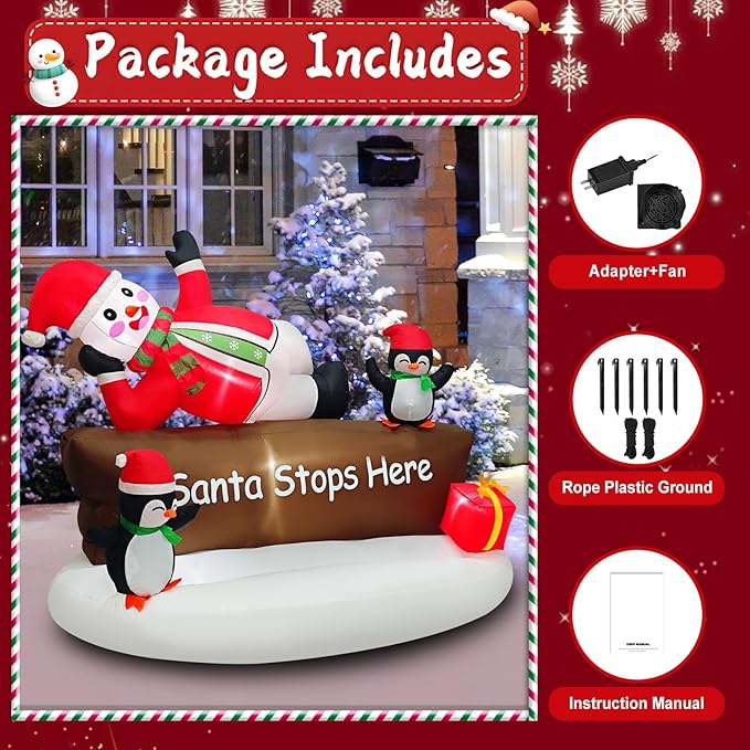 Christmas Inflatable Snowman with Penguins Decotation Blow Up 6FT Snow Man “Santa Stops Here” Sign Holiday Yard Decoration Gift Box, Perfect for Outdoor Lawn, Garden, or Front Porch Oranments Display