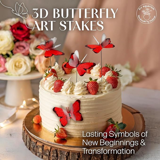 Handmade Red Butterfly Garden Stakes Set of 7 - Decorative Outdoor & Indoor Plant Decor - Nature Lover Gift Idea by Air Aquarium Kushner