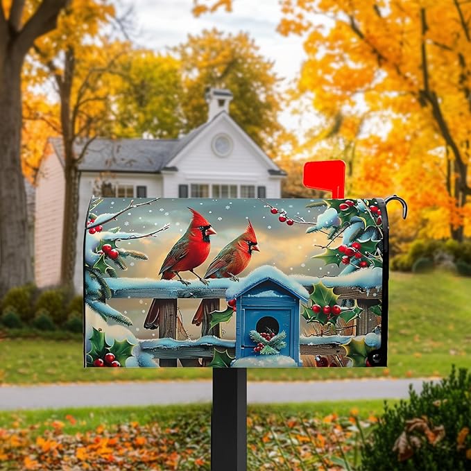 Winter Mailbox Cover Cardinal Birds Mailbox Covers Holly Berry Mail Box Wrap Magnetic Standard Size 21x18 Inch Mailboxes Decorations for Christmas Garden Home Yard Decorations