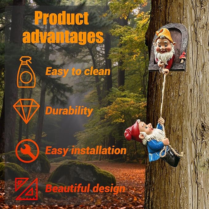 Climbing Gnome Tree Face Outdoor Decor,Adorable Elf Fairy Door Statue, Whimsical Garden Gnomes Decorations for Yard and Patio Art