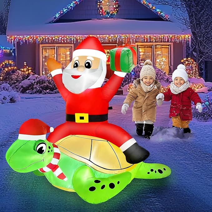 AMENON 5 FT by 4 FT Christmas Inflatables Santa Claus Ride on Sea Turtle Christmas Blow Up Yard Decorations Christmas Decorations Outdoor Built-in LEDs Xmas Decor Party Outside Holiday Lawn Garden