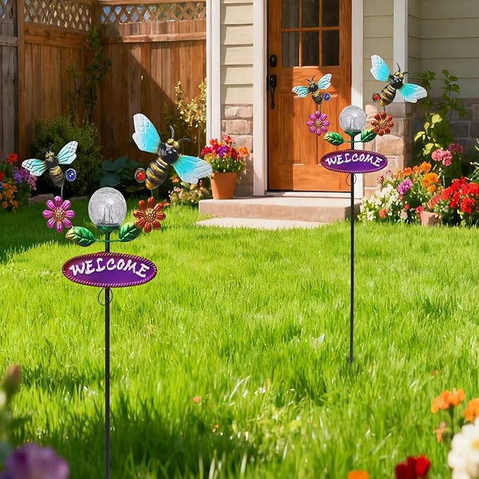 Solar Garden Stakes Metal Welcome Signs for Outside 31.1', 2 Flying Bees with Cracked Glass Ball,Decorative Garden Stakes for Lawn, Patio, Bee Gifts for Women
