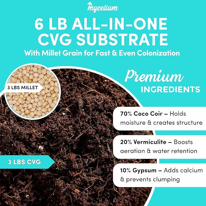 Mycelium 6 LB Mushroom Growing Kit | All-in-One CVG Substrate & Millet Grain | Grow Dung-Loving Mushrooms Like Magic Right in The Bag | Pre-Sterilized with Injection Port - Just Add Liquid Culture