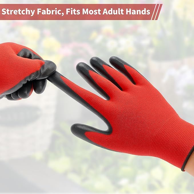 DF DUALFERV Gardening Gloves for Men, 24 Pairs Black & Red Breathable Rubber Coated Large Outdoor Yard Gloves with Extended Elastic Cuffs and Stretchy Fabric for Gardening, Construction, Machinery