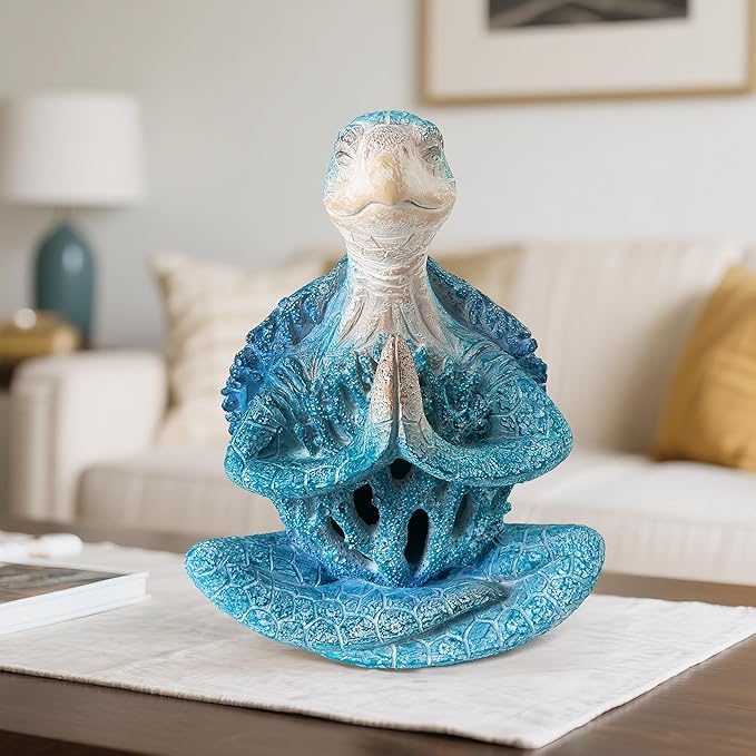 VVGIFTS Coral Reef Sea Turtle Meditation Yoga Decor, Garden Figurine Sea Turtle Meditating Coastal Beach Decorations, Zen Yoga Resin Statue for Home Office Decorations (Prayer)