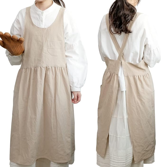 HANEE Cross Back Aprons for Women with Pockets | Japanese Style Cotton Apron | Cute Pinafore Smock for Kitchen etc (6 Colors)