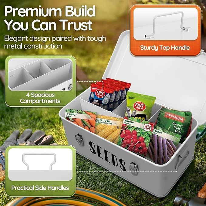 Flexzion Seed Saving Box - Metal Seed Storage Organizer Box with Lid, 4 Spacious Compartments Storage Bin for Garden Tools & More with Safety Locks, White