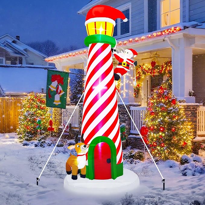 10FT Christmas Inflatable Yard Decoration, Giant Blow Up Lighthouse with Santa and Reindeer with Built-in LED Lights & Drawstring Bags for Yard Lawn Garden Holiday Outdoor Decor