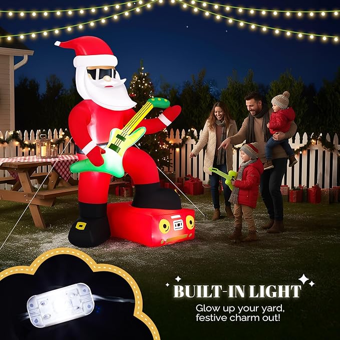 VINGLI 7.5ft Black Musical Santa Inflatable, Christmas Inflatable Santa Claus Playing Guitar, Gaint Blow up Outdoor Decoration with LED Lights for Lawn, Garden, Xmas Holiday Decor