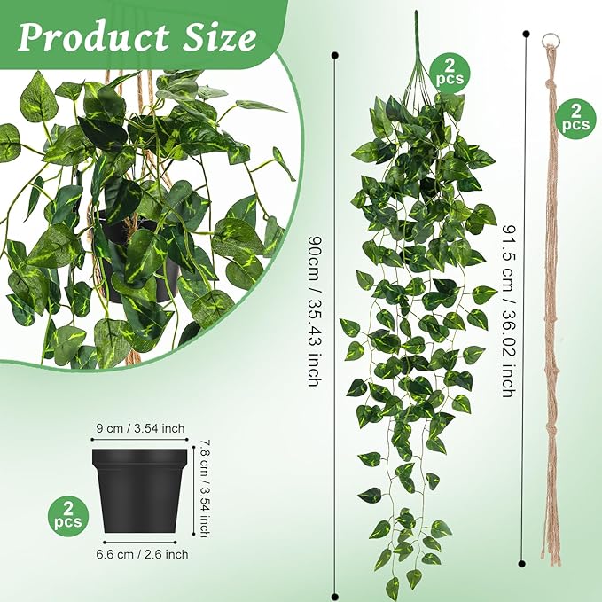 Folmywy 2 Pack Artificial Hanging Plants Vines with Pot Fake Greenery Potted Plant Ivy Leaves Garland Decoration for Shelf Living Room Bedroom Garden Wedding Party Indoor Outdoor