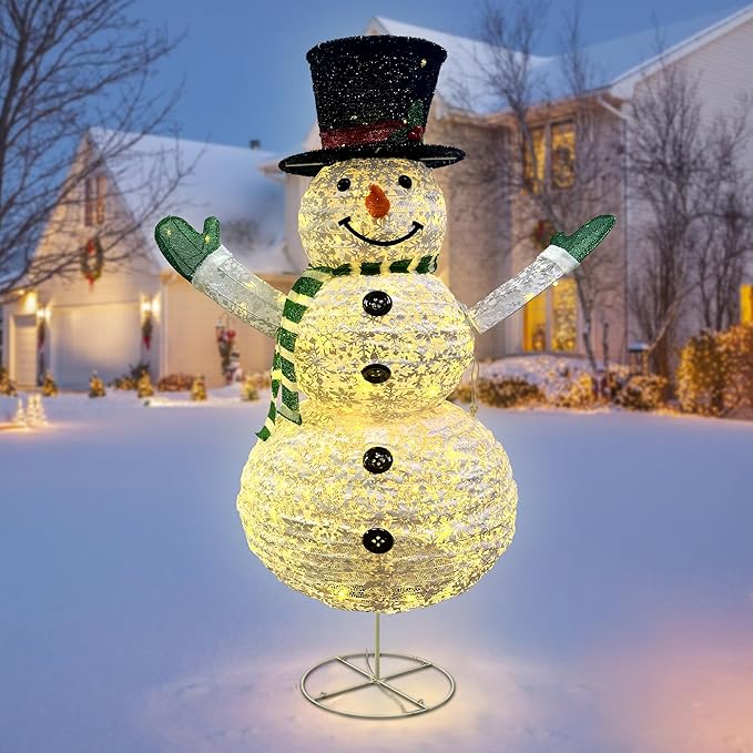 LED Lighted Christmas Snowman Decorations: JALUNIVERSAL TRI 48 Inch Collapsible Snowman Outdoor with 100 LED Lights Plug-in - for Holiday New Year Winter Garden Decor Xmas Home