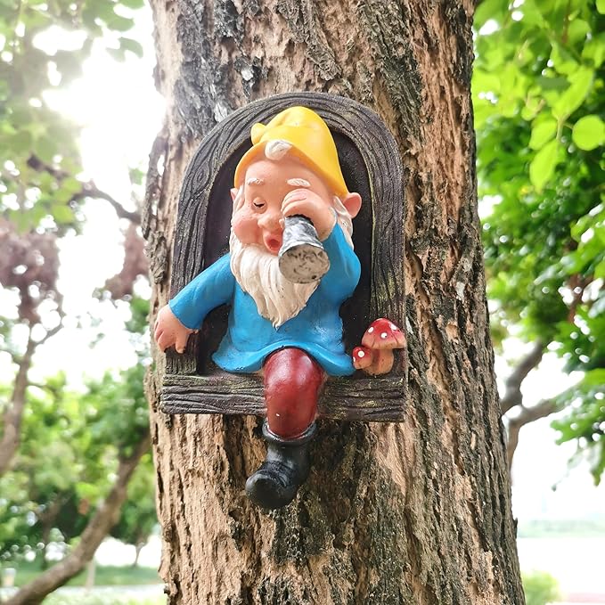 Garden Gnome Open The Door Garden Decor Resin Tree Faces Decor Outdoor Fairy Garden Patio Lawn Porch (Blue Telescope)