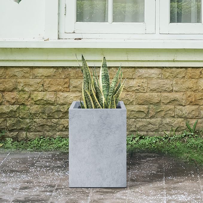 Kante 12.6" H Tall Rectangular Concrete Planters, Outdoor Indoor Lightweight Plant Pots with Drainage Hole and Rubber Plug, Modern Style for Home Garden Patio, Slate Gray