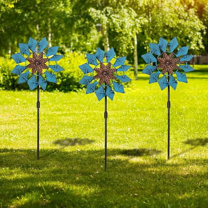 3 Pack Wind Spinners with Metal Stake, 16.3 Inches Yard Garden Sculptures for Outdoor Spring Decoration Lawn Patio Wind Catcher Windmill (Blue Flower)