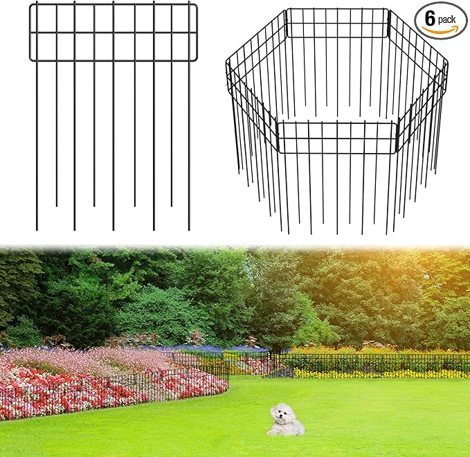 Garden Border Edging Fences, 12.32"*16.81" Decorative Fence Panel, Small Garden Fence Animal Barrier, No Dig Fences Barrier, Square 6 Pcs Black Metal Fencing, Dog Fencing Blocker for Yard, Flower Bed