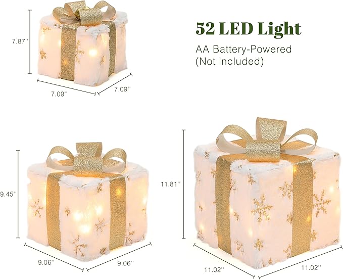 LuxenHome Set of 3 Lighted Gift Boxes, Battery Operated Plush Fabric with Gold Ribbon Bow Boxes for Xmas, Lawn, Porch, Under Tree Indoor, Outdoor Christmas Decorations