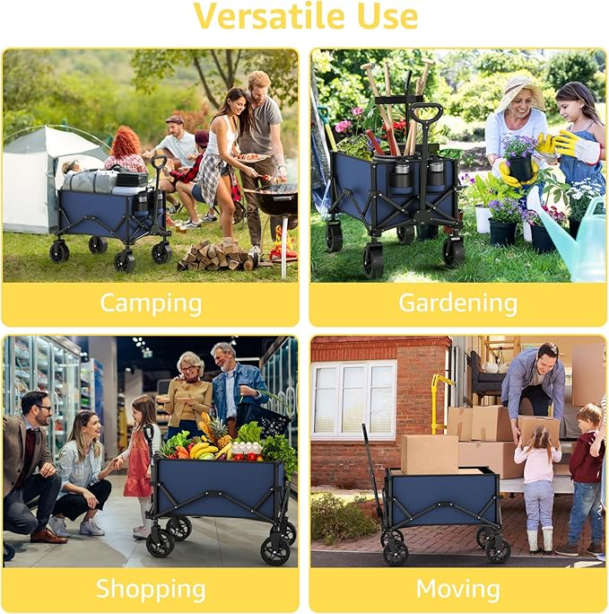 Navy Blue Collapsible Wagon with Wheels, Portable Wagons Carts Foldable, Folding Wagon Cart for Groceries, Sports Garden Shopping Utility Wagon