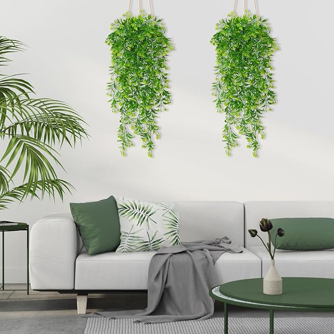 TOCHGREEN 4Pcs Artificial Hanging Plants Fern Vine, Faux Plastic Plants Fake Ivy Vine Greenery Garland with Green Flower, Outdoor Indoor Decorations for Living Room Garden Wall Home Decor (Green)