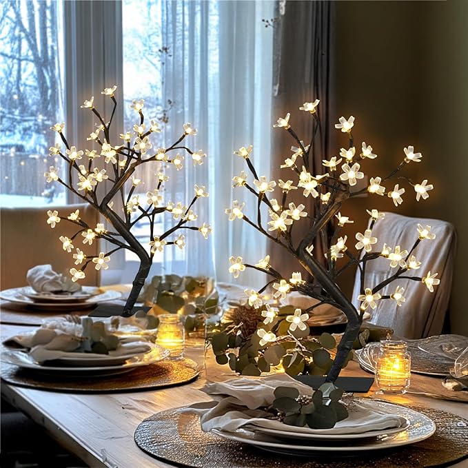 PEIDUO Set of 2 Lighted Cherry Blossom Tree, Light up Bonsai Tree for Christmas Decorations, Warm White Lights Plug in Adapter, Tabletop Night Light Artificial Tree for Indoor Bedroom Living Room