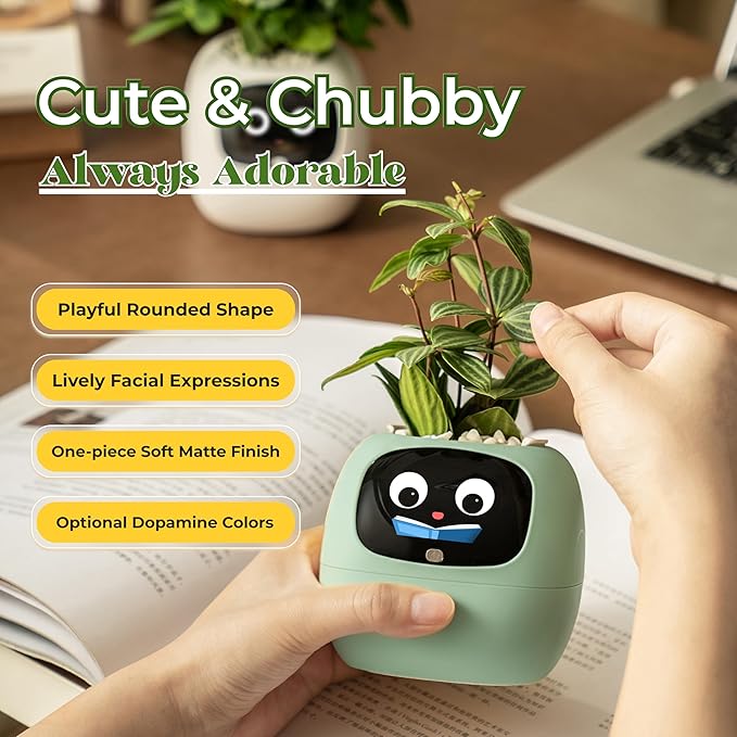 Ivy AI Smart Plant Pot with Emoji Intelligent Planter Robot for Houseplants Tamagotchi Flower Pot Stylish Plantagotchi Home Decor(Mint)