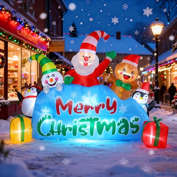 VCUTEKA Christmas Inflatables Outdoor Decorations, 8.6FT Blow Up Santa Claus, Penguins, Snowman, Gingerbread Man, Animated Christmas Inflatable Yard Decoration with LED Lights for Holiday Lawn Garden