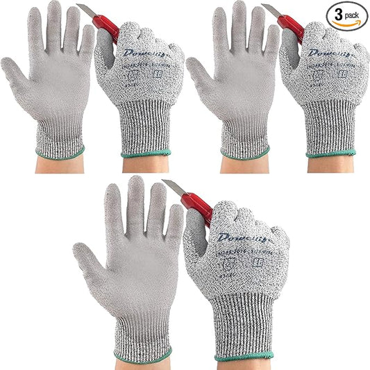 Dowellife 3 Pairs Level 5 Cut Resistant Work Gloves for Men and Women, PU Coated Breathable Gardening Gloves, Thin Flexible and Firm Grip for Mechanics and Fishing (Large, Grey)
