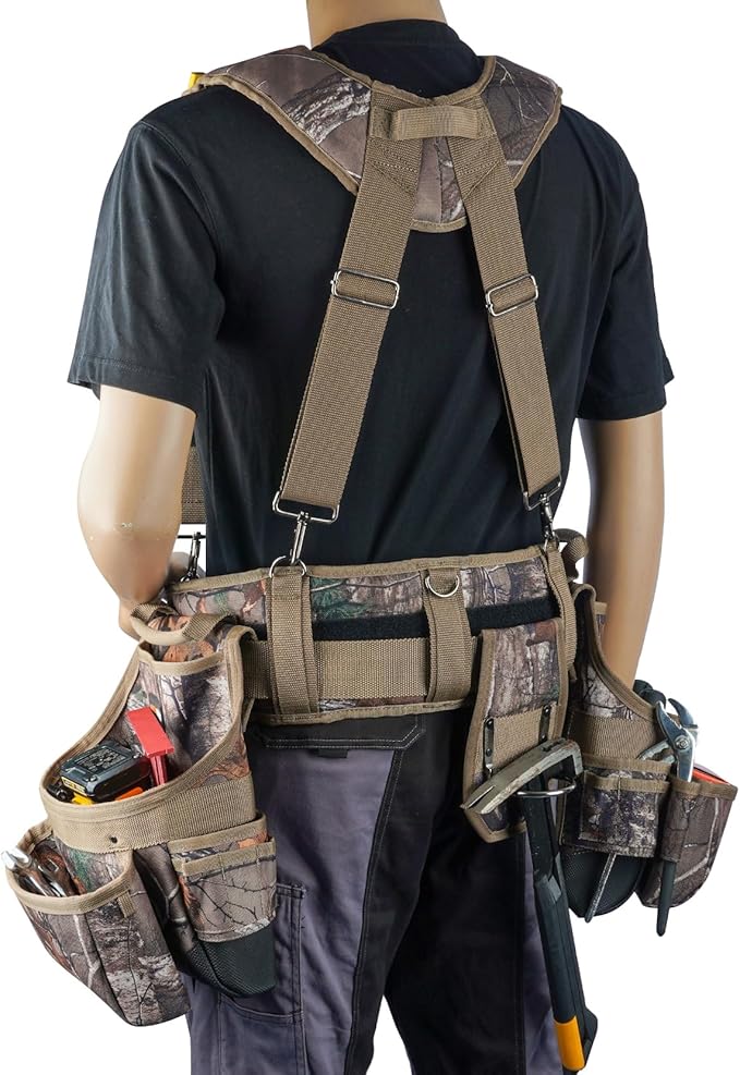 MELOTOUGH Camo Tool Belt with Suspenders Camouflage Tool Bag Supenders Framers Comb Apron Tool Belt Construction Tool Pouch Suspenders Heavy Duty Carpenter Suspension Rig for Electrician