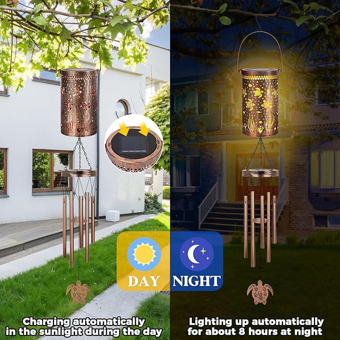 YHmall Sea Turtle Solar Wind Chimes for Outside, Bronze Windchimes Outdoor Sea Turtle Gifts for Women, Mom, Garden Decor Hanging Solar Lights for Outside