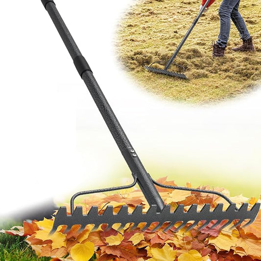 77'' Bow Rake ，17 Tines Metal Head Rakes with Stainless Steel Handle，Heavy Duty Garden Rakes for Loosening Soil Gathering Leaf Leveling Lawn Farming Land Management Yarn Thatch