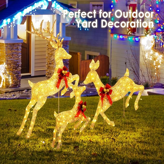 NALONE Large 3 Pieces Lighted Reindeer Family Set, 3D Christmas Deer Decoration with 210 Warm White LED Lights, 4.7 FT Pre-lit Xmas Decor Outdoor Yard with Stakes, Bow Ties, Mat