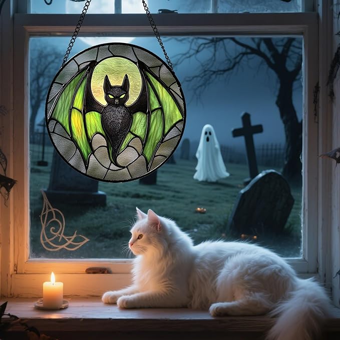 Stained Glass Window Hanging - Halloween Black Bat Green Wings Monster Suncatcher for Doors Garden Home Spooky Sun Catchers Gothic Decor Horror Gift for Women Men Friend Boy Girl 11.8 in