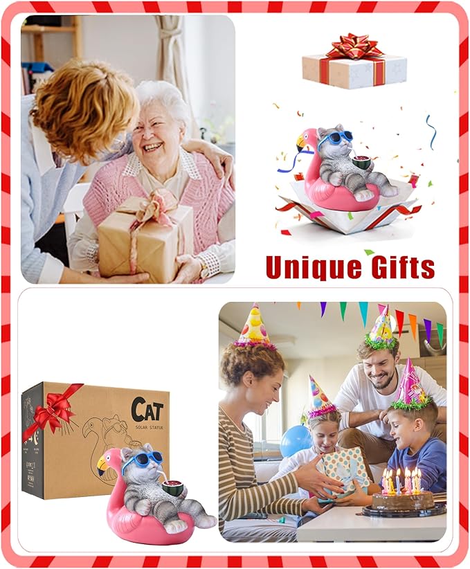 Nacome Cat Lying Flamingo for Garden Statue: Solar Outdoor Decor Figurine for Clearance Outside Lawn Ornaments Porch Patio Balcony – Gifts for Grandma Mom