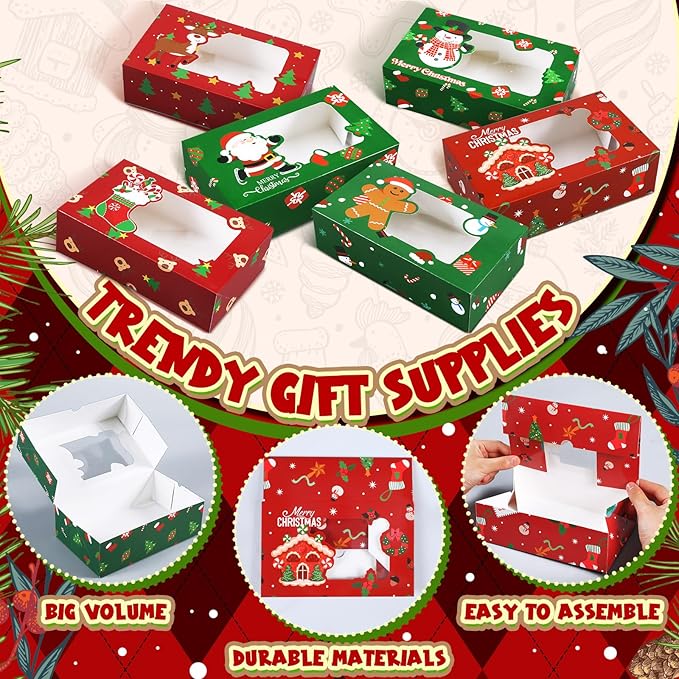 36 Pcs Christmas Cookie Boxes with Clear Window, Holiday Bakery Box Goodie Box Candy Boxes Treat Containers for Food Cupcake Brownies Donuts Gift Giving, 6 Designs(Classic)