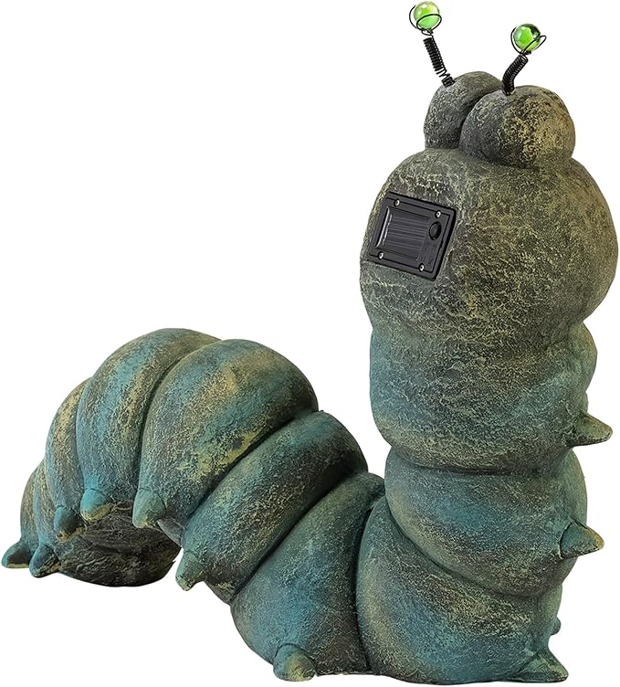 Alpine Corporation FCC121SLR Outdoor Solar Powered Garden Caterpillar Statue with LED Lights, 16" H, Green