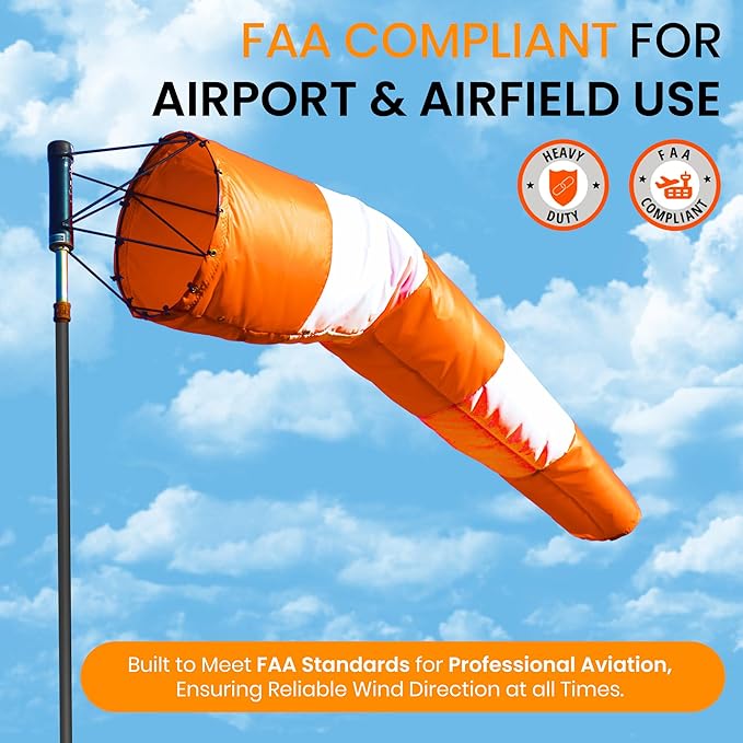 13"x56" Airport Windsock | Heavy Duty, All Weather, Waterproof, UV Fade Resistant, High Vis Fluorescent, Quad Stitched, Zip Ties Included, for Industrial, Ranch, and Agricultural Use | Orange & White