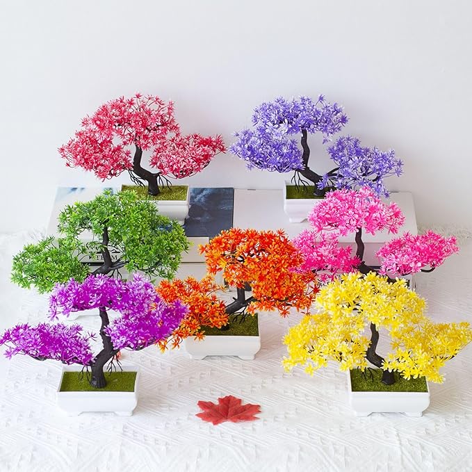 Mini Artificial Bonsai Tree Plants with Plastic Cement Pots for Home Office Décor(Orange)