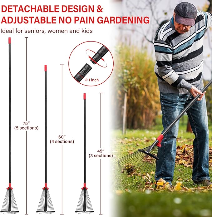 Lightweight Leaf Rake for Lawn, 8-17" Expandable Head with Metal Tines for Leaves, Shrubs & Small Areas, 75-Inch Adjustable Long Handle with Comfort Grip Senior Friendly