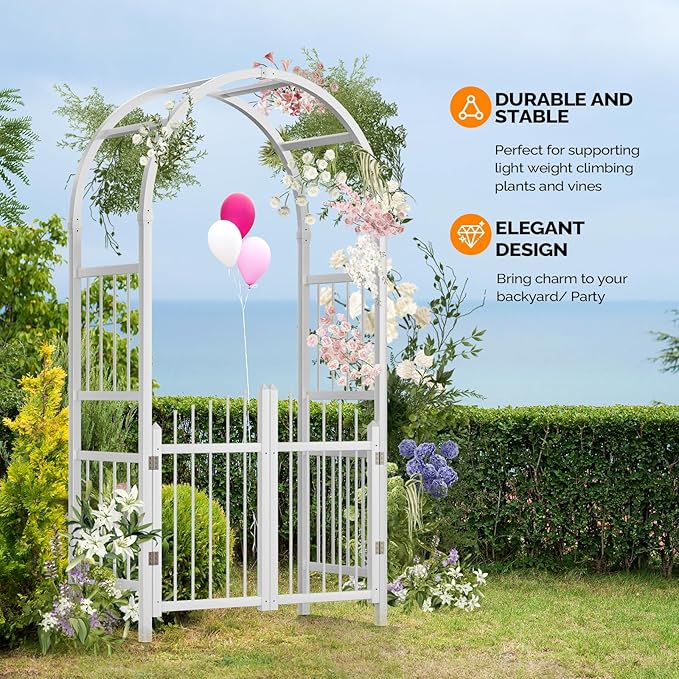 VINGLI Garden Arbor with Gate, PVC Frame Trellis Garden Arch for Plant Climbing, Vinyl Pergola Wedding Arch Backdrop Standing for Backyard, Lawn, Event (White)