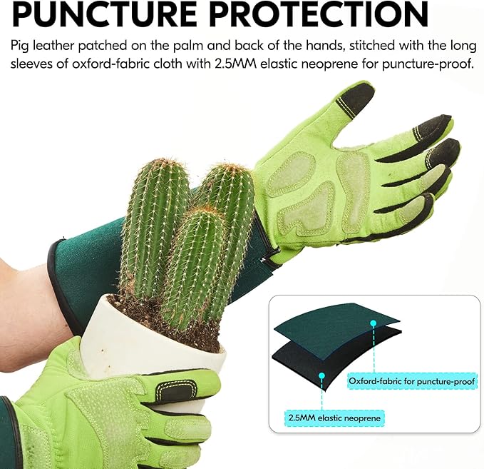 Vgo... Gardening Gloves Ladies,Safety Work Gloves,Long Sleeves Gauntlet,Puncture Proof,Touchscreen(Size L,Light green,SL7477)