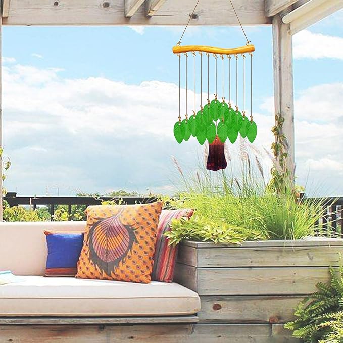 Leaf Shape Glass Wind Chimes for Outside Decoration, Green Tree Windchimes Outdoors Unique, Handcrafted Suncatcher Glass Art Wind Chimes Outdoor Gifts for Women, Hanging Outdoor Garden Decor